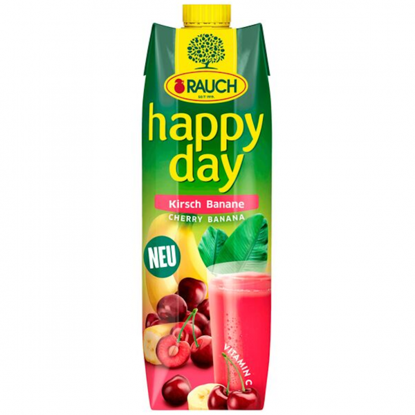 Rauch Happy Day KiBa – cremig‑fruchtiger Kirsch‑Bananen‑Nektar. Perfekt pur, eisgekühlt oder im Smoothie.