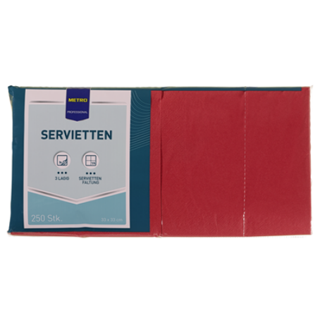 Professional Servietten Rot 33 x 33 cm, 3 lagig, 1/4 Falz (250 Stück)