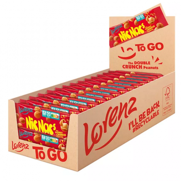 Lorenz Nic‑Nac’s – rote Beutel mit knusprigen Erdnuss‑Crunchies, knackiges Snack‑Setting.