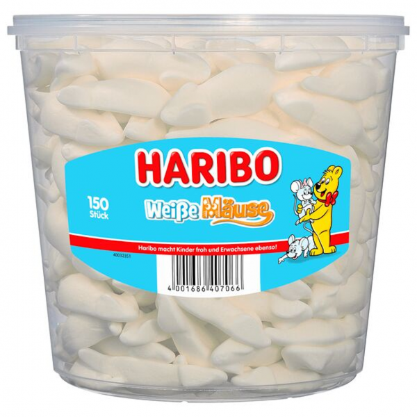 Zarte Haribo Weiße Mäuse aus Schaumzucker – weich, mild und fruchtig.