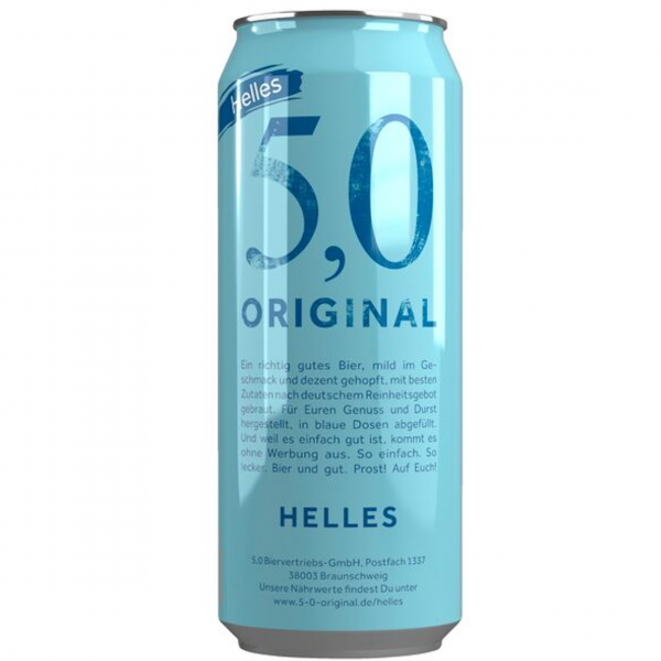 Original 5.0 Helles – mildes, süffiges Lagerbier in der babyblauen 24×0,5L‑Dose. Ideal für Partys & Events.