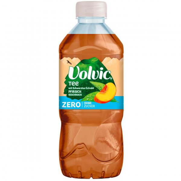 Volvic Tee Zero Pfirsich – leichter, zuckerfreier Pfirsich‑Eistee mit Schwarztee‑Extrakt.