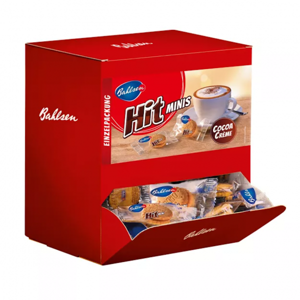 Bahlsen Hit Minis Cocoa Crème Thekenaufsteller mit 150 einzeln verpackten Mini-Doppelkeksen mit cremiger Schokofüllung.