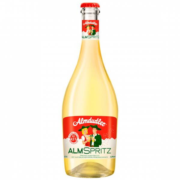 Almdudler Almspritz, spritziges Kräutergetränk, hellgoldene Farbe