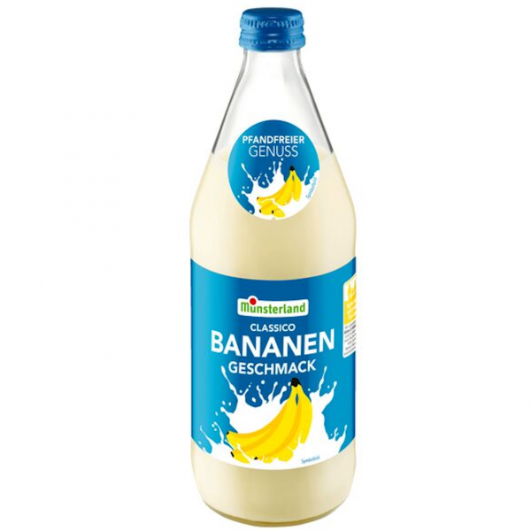 Fruchtig‑bananiger Münsterland Milch‑Drink in der Glasflasche – frisch, mild und perfekt für jeden Tag.