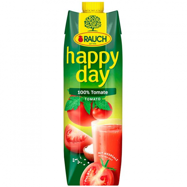 Rauch Happy Day Tomate 100% – würziger, vollmundiger Tomatensaft aus Österreich. Ideal für Büro, Meeting & Cocktails.