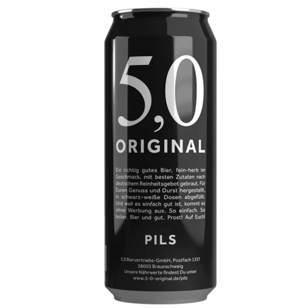Original 5.0 Pils – feinherbes deutsches Dosenbier im 24×0,5L‑Tray. Ideal für Partys, Büro & Grillabende.