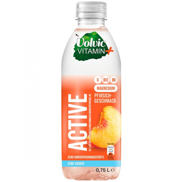 Volvic Active Pfirsich – leichtes Vitaminwasser mit fruchtigem Pfirsichgeschmack.
